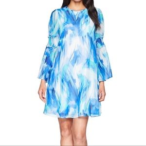 Calvin Klein Blue Printed Bell Sleeve Shift Dress
